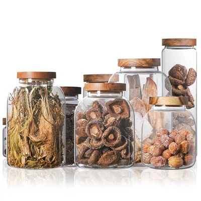 Tarro de almacenamiento de vidrio redondo de gran capacidad con tapa de madera de acacia