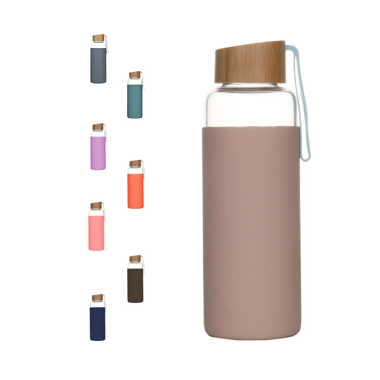 Botella de agua de vidrio para beber directa de 550 ml con tapa de bambú con logotipo personalizado