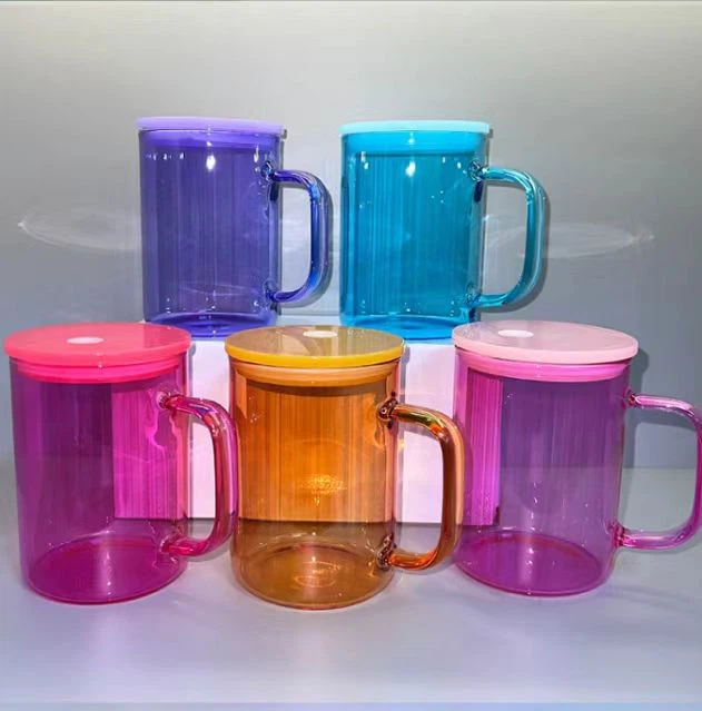 High Borosilicate Colored Glass Cup With Handle And PP Lid And Straw